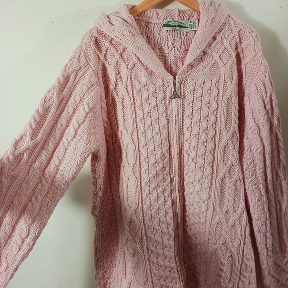 Aran Crafts Ireland, Medium, Pink Chunky Knit Merino Wool Long Hooded Cardigan - Picture 5 of 16
